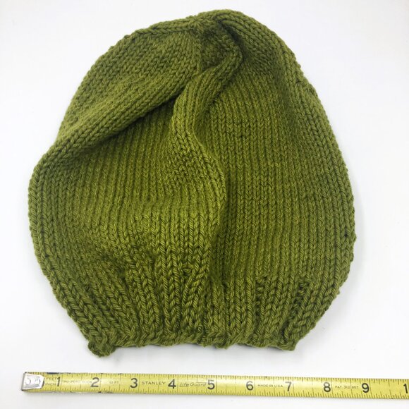 Handknitted Cotton Avocado Green Stretchable Ribbed Edge Slouchy Hat - Picture 13 of 16